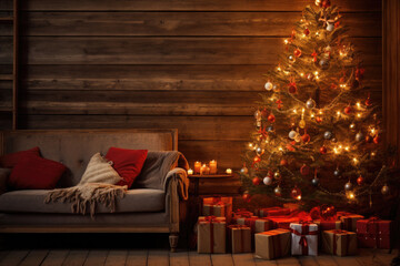 A beautifully decorated Christmas tree and a warm fireplace in a