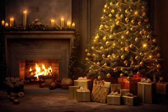 In the cozy decorated room, a Christmas tree and fireplace create the preconditions for a magical holiday celebration.