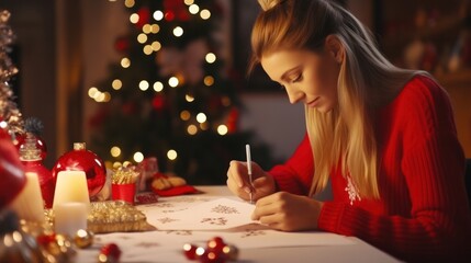  Christmas Card Writing with Red Nails, a Red Pen, and Holiday Decorations