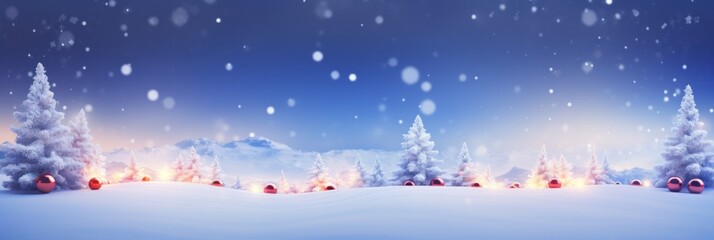 Fototapeta na wymiar Blurred Winter Wonderland: Festive Xmas Tree with Snow and Garland Lights in Holiday Backdrop