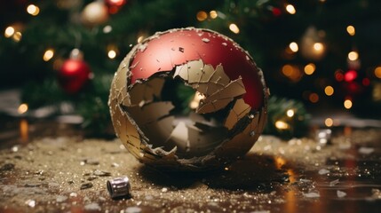 Broken Christmas Decorations - Red Ornament Ball and Glasses Amidst a Holiday Accident