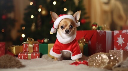 Obraz na płótnie Canvas Chihuahua Dressed in Christmas Attire Celebrates the Holidays