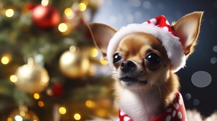 Fototapeta na wymiar Chihuahua in Santa Hat Posing Beside Christmas Tree