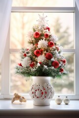 Cosy Christmas Decor: Ceramic Tree, Spruce Bouquet, and Cranberries in Vase on Windowsill