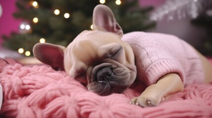 Fototapeta na wymiar Cozy Canine Christmas Slumber: Adorable Fatigued French Bulldog Dozing on Fuzzy Blanket Near a Blushing Adorned Fir Tree, Perfect for