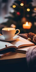 Obraz na płótnie Canvas Cozy Christmas Bedroom Still Life: Broken Lights, Tea, Book, and Candle on Marble Table Creating a Warm and Relaxing Ambiance for Breakfast or a Break in Style and Love