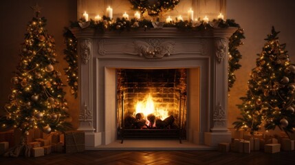 Cozy Christmas Fireplace Mantel: Warm Holiday Decor in a Festively Lit Room with Tree and White Design Elements