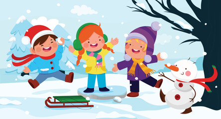 Winter illustration. Happy children playing in the snow