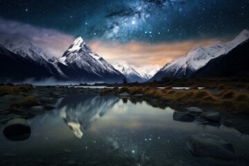 Snowy mountain landscape with lake and Milky Way in the sky. Generative AI