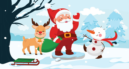 Santa Claus, little elf, snowman, xmas tree illustration. Holiday cartoon character in winter background.