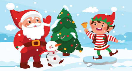 Santa Claus, little elf, snowman, xmas tree illustration. Holiday cartoon character in winter background.