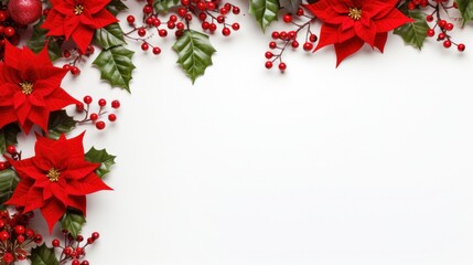  Christmas Background with Poinsettias, Berries, and Holly: A Top-View Flat Lay with Space for Text.