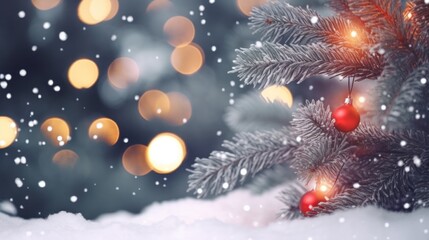 Fototapeta na wymiar Christmas Background with Snowy Fir Tree and Sparkling Branch Lights for Holiday Decorations