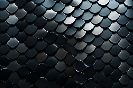 Black tiled wall background with fish scale tile wallpaper featuring polished 3D blocks. Generative AI