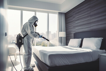 Faceless pest control worker in a protective suit sprays insect poison in bedroom - obrazy, fototapety, plakaty