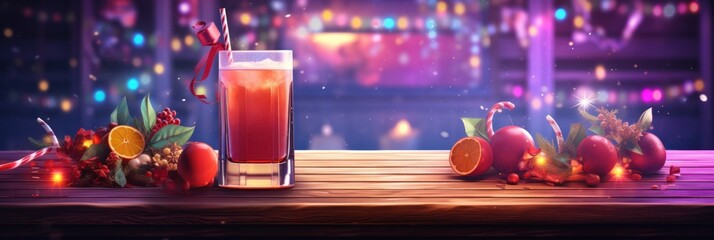  Christmas Bartender Creating Vodka and Cranberry Cocktails with Ice, Shaker, and Bar Spoon amidst Fir Branches and Glowing Garland on Wooden Background - Powered by Adobe
