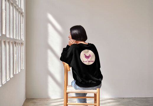 Mockup Of Woman Wearing Customizable Sweatshirt On Chair, Rear View