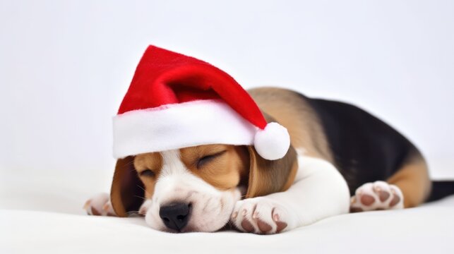 Cute Beagle Puppy Sleeping in a Red Christmas Hat: A Festive Holiday Stock Image