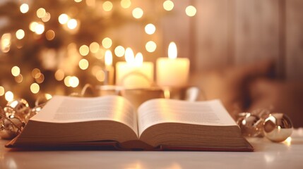  Christmas Bible and Candles for Spiritual Reflection. - obrazy, fototapety, plakaty