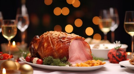  Christmas Brunch: Close-Up of Sliced Roasted Ham on Decorated Dining Table