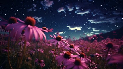 Obraz na płótnie Canvas A meadow filled with Echinacea flowers that appear to be made of pure starlight, illuminating the night sky.