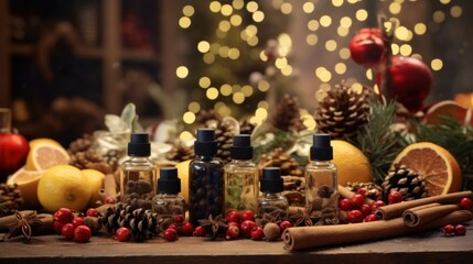 Assortment of Essential Oil Bottles for White Christmas Holiday Season - obrazy, fototapety, plakaty