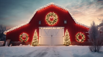 Barn Aglow with Christmas Lights Amidst Arboretum in Dark Denver - obrazy, fototapety, plakaty