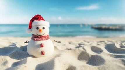 Beach Getaway: Sand Snowman with Santa Hat by the Seashore