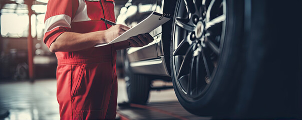 Car mechanic checking clipboard. Automotive man specialist adjusting an engine in garage.