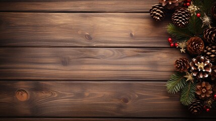 Top view of a wooden table beautifully decorated with a festive xmas tree, silver balls, and pine cone. Share your Christmas cheer with this copyspace image