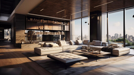 Big living room of luxury penthouse with big windows
