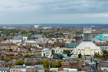 The view of the city of Liverpool with the Liverpool Metropolitan Cathedral and the Anfield Stadium...