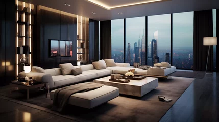 Fotobehang Big living room of luxury penthouse with big windows © Johannes
