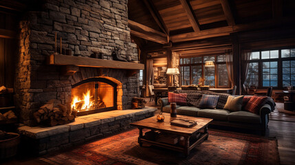 Obraz premium A cozy log cabin interior, featuring a stone fireplace, rustic wooden beams, and plaid blankets