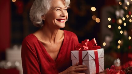 Fototapeta na wymiar essence of holiday traditions with this delightful image. A cheerful lady holds a festive Christmas gift, embodying the spirit of gifting and love during the season