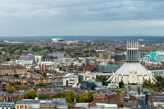 The view of the city of Liverpool with the Liverpool Metropolitan Cathedral and the Anfield Stadium in the distance