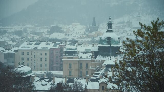 landscape in winter in Prague, Czech Republic with Straka Academy dome.