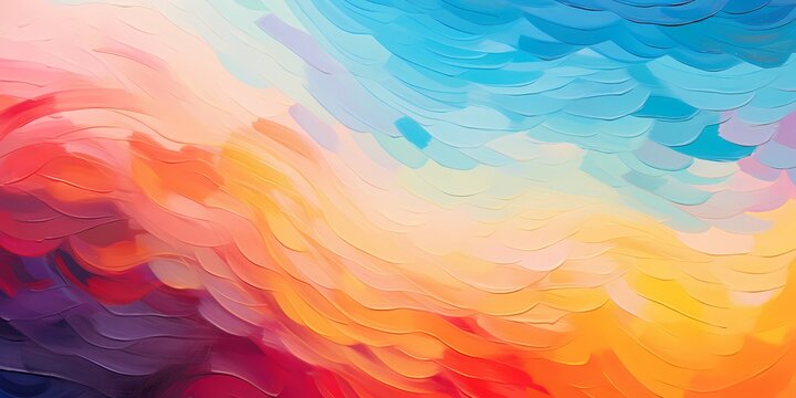 Pastel wave and orange sky abstract ocean painting, autumn art texture background. Impressionist blue red yellow purple backdrop with bold brush strokes. Ocean sky illustration for tropical travel.
