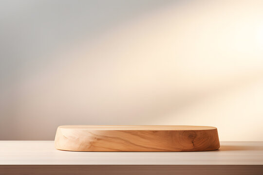 Empty minimal wooden podest in front of white wall. Product display background
