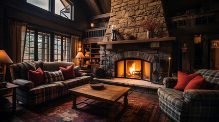 A cozy log cabin interior, featuring a stone fireplace, rustic wooden beams, and plaid blankets