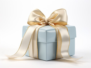 pacchetto regalo di Natale azzurro con fiocco bianco panna  su sfondo bianco scontornabile visto di tre quarti - obrazy, fototapety, plakaty