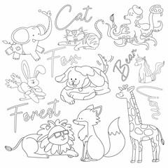 cute animals collage elements space kids coloring vector