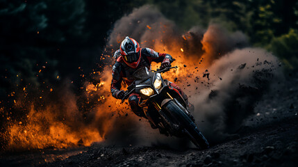 A Driver riding a motorcycle on a city street with clouds of smoke. Dynamic and action-packed scenes, intense action and texture. 