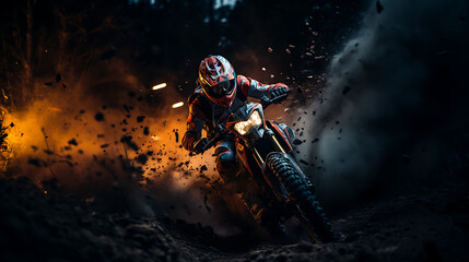 A Driver riding a motorcycle on a city street with clouds of smoke. Dynamic and action-packed scenes, intense action and texture.  - obrazy, fototapety, plakaty
