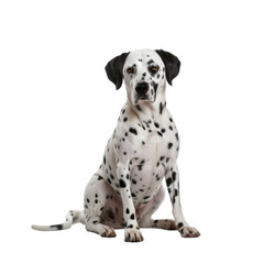 Front view, a dalmatian dog sitting against transparent background and facing to the camera, isolated on transparent background. 