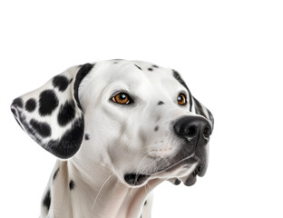 side view, Portrait of a cute dalmatian dog looking forward, close up shot, isolated on transparent background. 