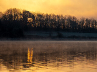 Winter sunrise over water.  The December sun peeks above the horizon and sends golden rays out across the water in Warwickshire, England