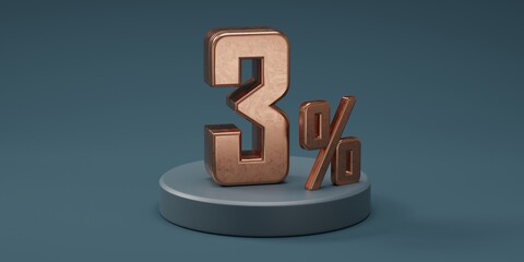 3D render 3% percentage number gold style for discount