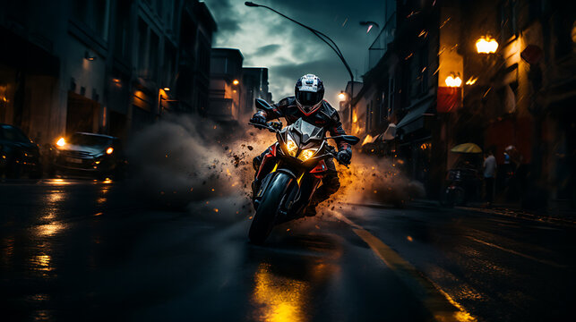 A Driver riding a motorcycle on a city street with clouds of smoke. Dynamic and action-packed scenes, intense action and texture. 