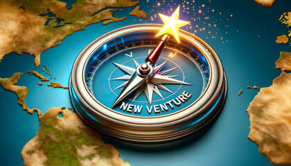 Trailblazing compass pointing toward a glowing star labeled NEW VENTURE. The compass is set against a map depicting unknown territories, signifying the exploration of new business opportunities.